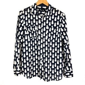 Talbots Navy White Pineapple Print Lightweight Cotton Button Down Shirt medium